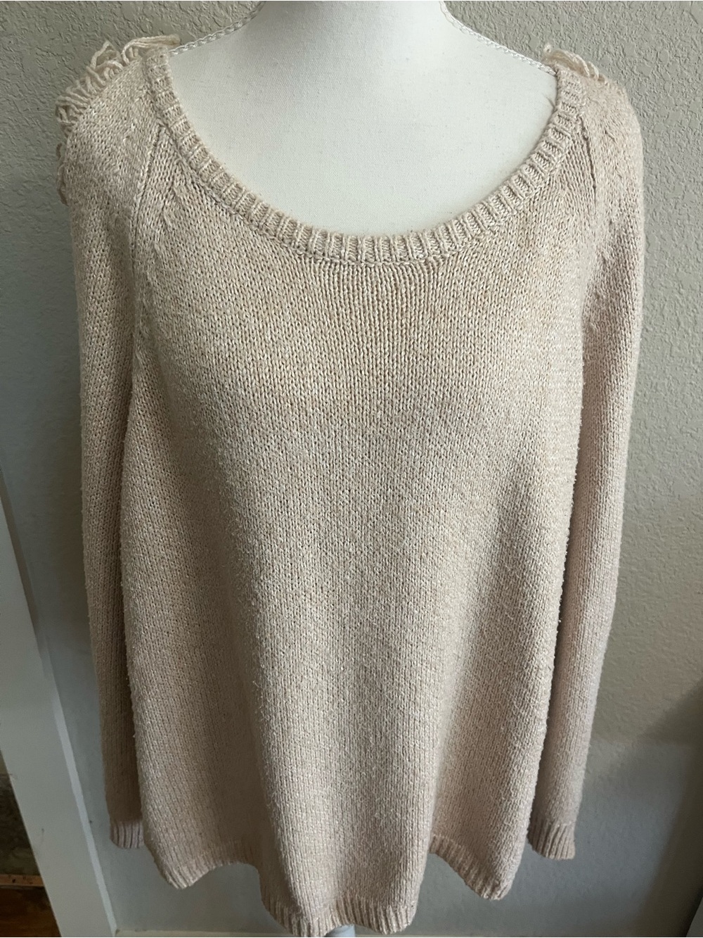 Y2K Boho Distressed Open Knit Fringe Sleeve Crewneck Sweater Tan